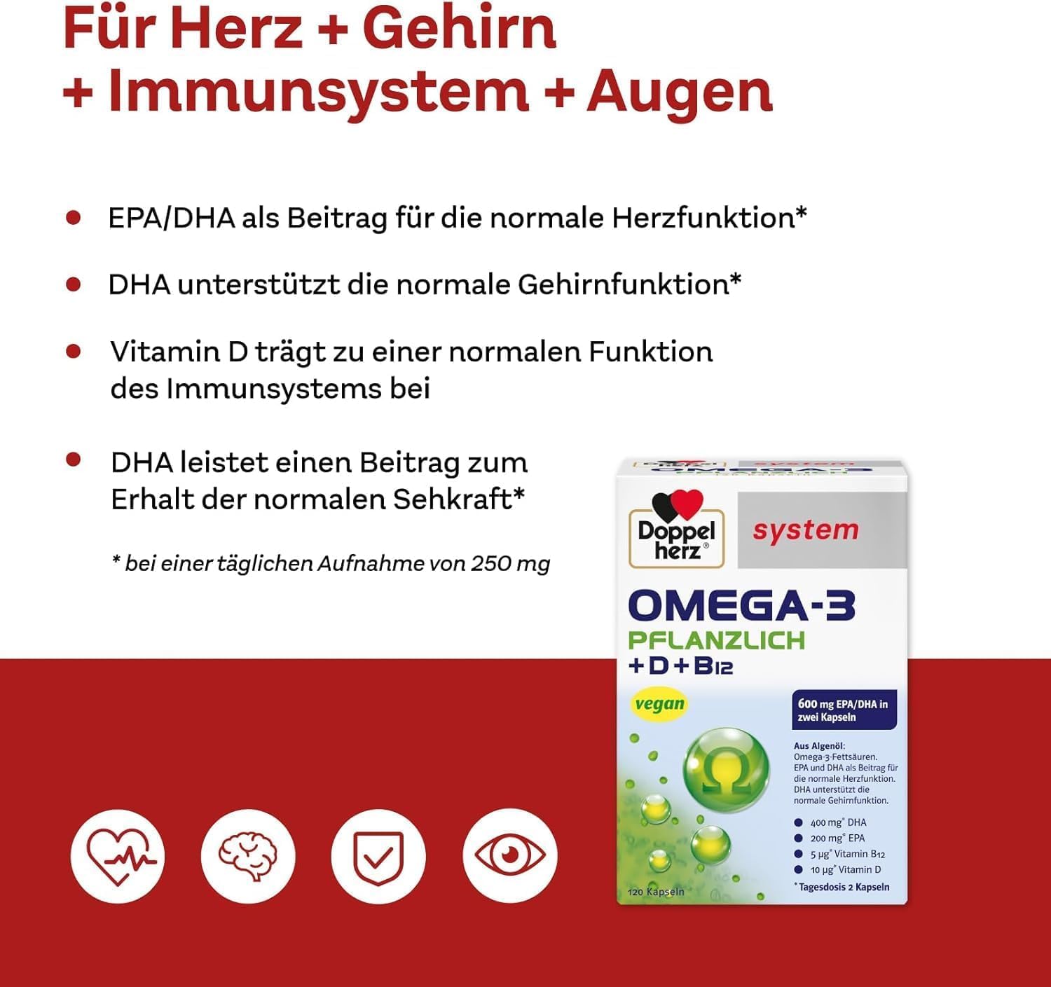 Doppelherz system OMEGA-3 PFLANZLICH – Algenöl – Vitamin D als Beitrag für die normale Funktion des Immunsystems – 2 x 120 Kapseln