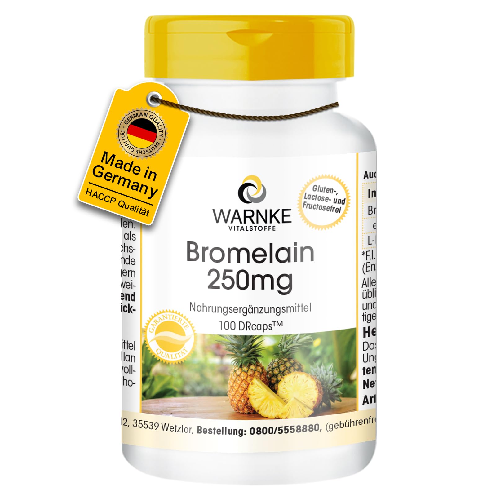 Bromelina 250mg – 600 F.I.P. – Enzima natural de la piña – Vegana – 100 cápsulas | Warnke Vitalstoffe - Calidad de farmacia alemana