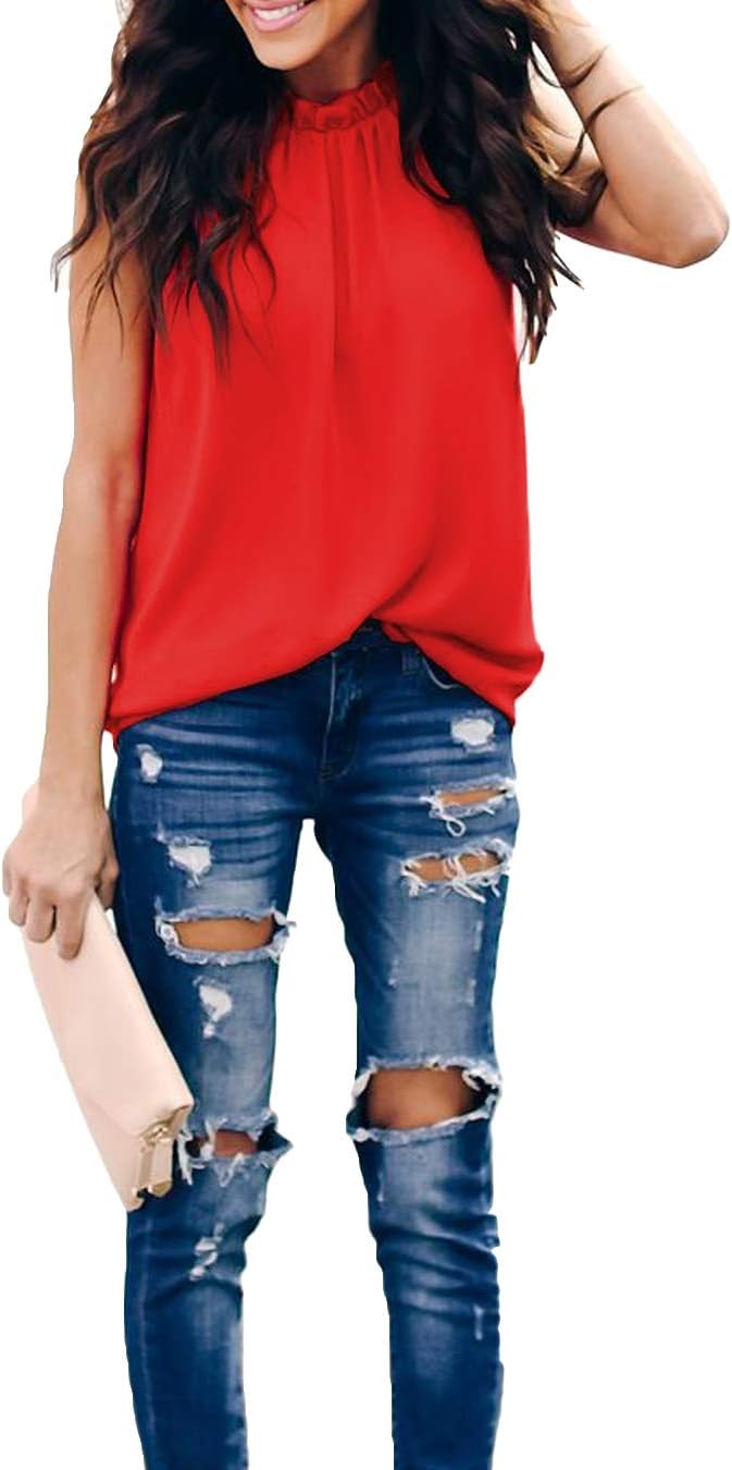 Allimy Women Summer Ruffle Trim Neckline Tank Tops Double Lined Chiffon Blouses - Image 4