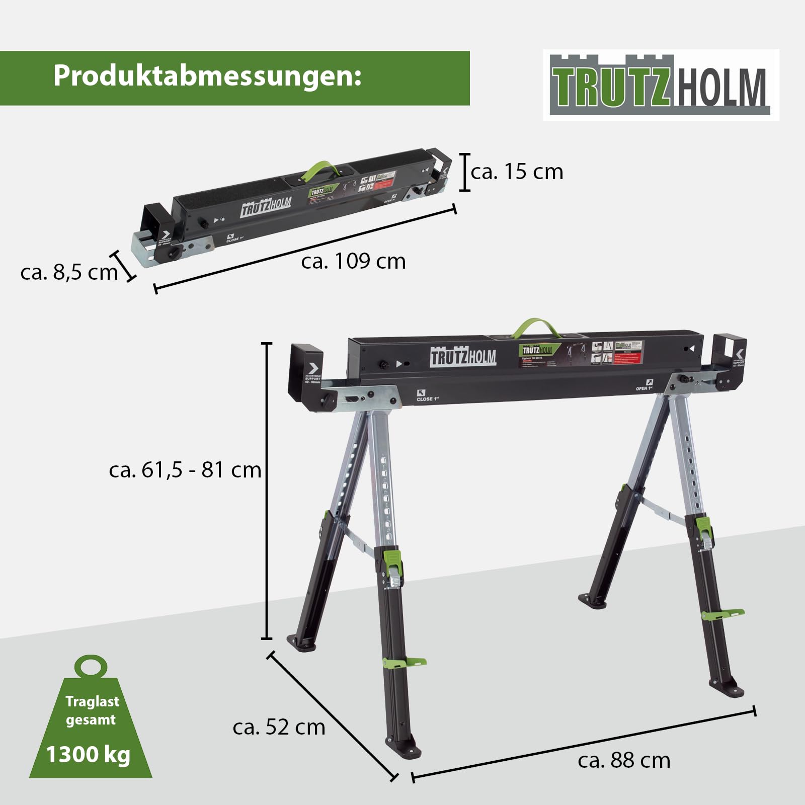 TRUTZHOLM 2x Sägebock 2.0 DELUXE 9-fach höhenverstellbar Stahl bis 1300 kg Klappbock Arbeitsbock Werkbock verstellbare Klemmen für Kanthölzer integrierter Tragegriff Unterstellbock Werkbank