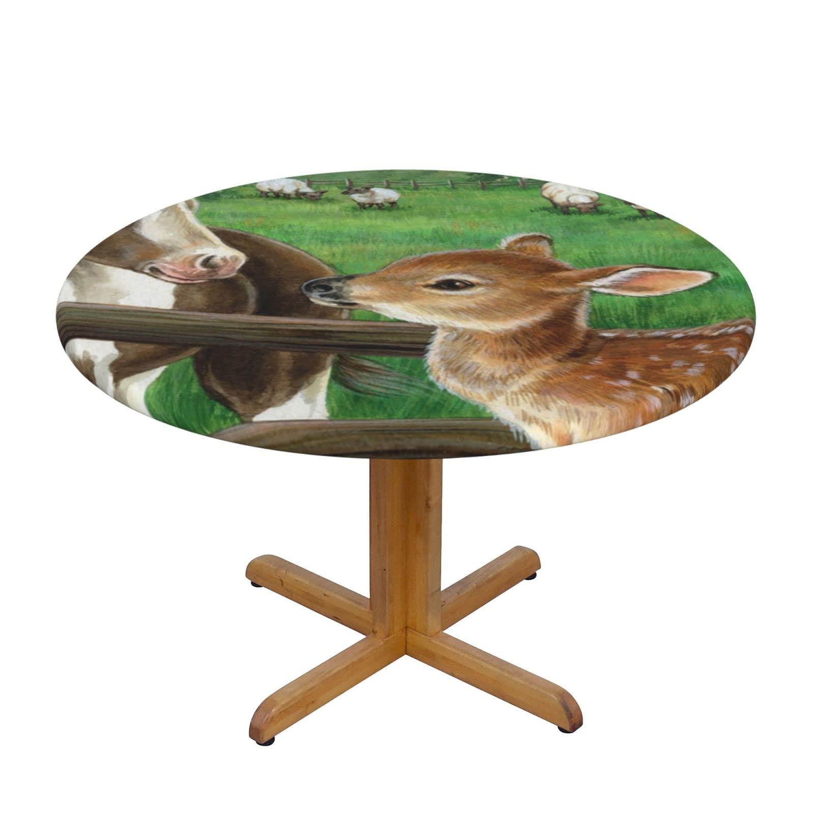 Lsjuee Round Fitted Tablecloth 45-50in Elastic Edged Table Cloth for Kitchen Dining Party Home Decor - Cute Horse Deer Pasture