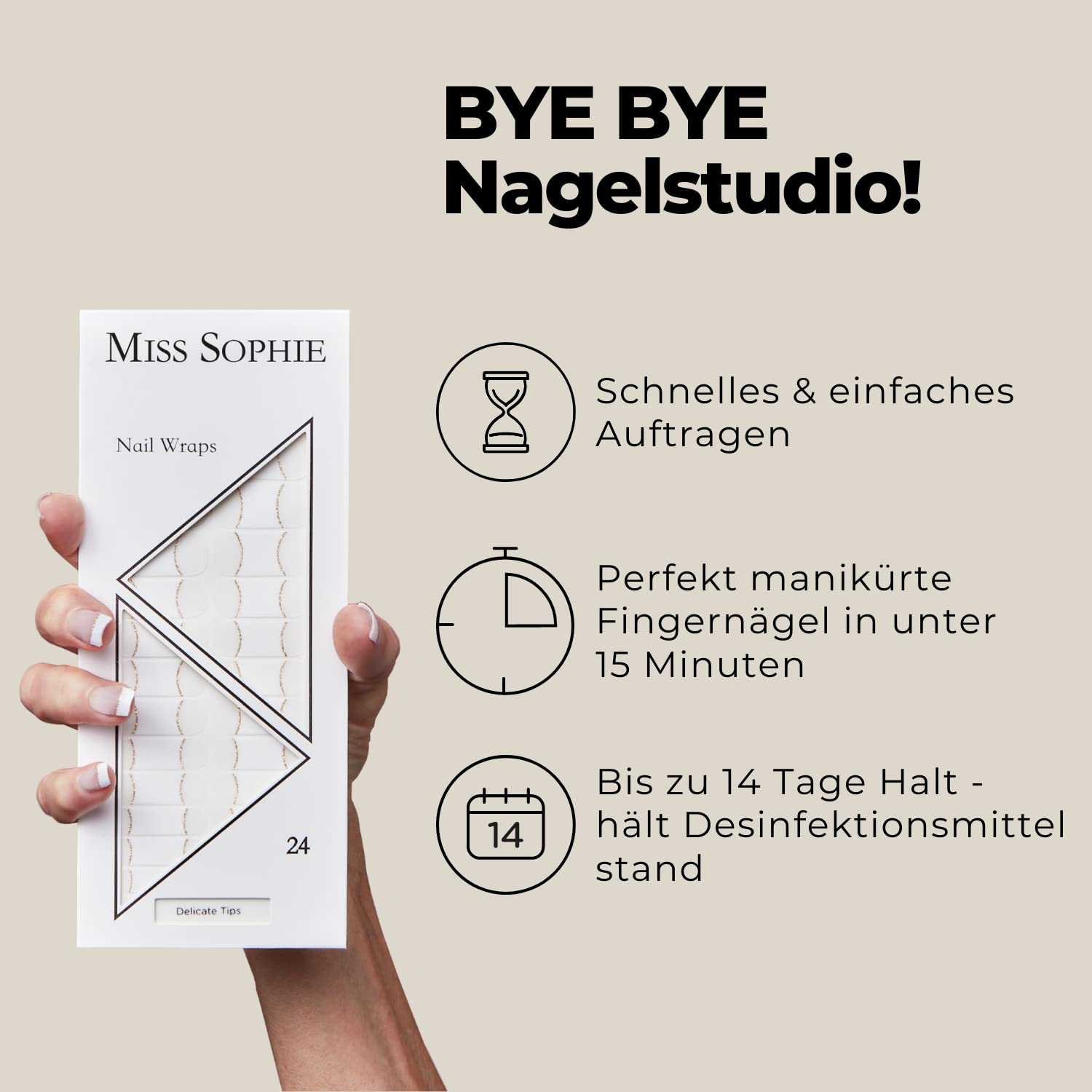 Miss Sophie Pellicola per unghie - "Delicate Tips", Transparent, Brillantini, Bianco, Nail Wraps -24 pellicole per unghie autoadesive ultrasottili a lunga durata