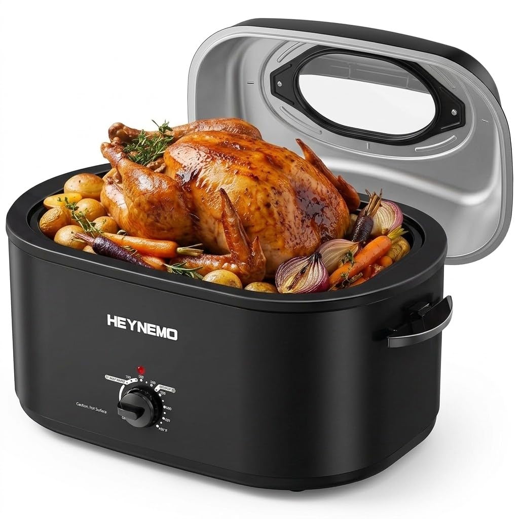 Roaster Oven 28 Quart, Electric Roaster Pan with Visible &amp; Self-Basting Lid, Large Stainless Steel Electric Turkey Roaster Oven Defrost Warm Function, Removable Pan Rack, Fits Turkeys Up to 30LB Black