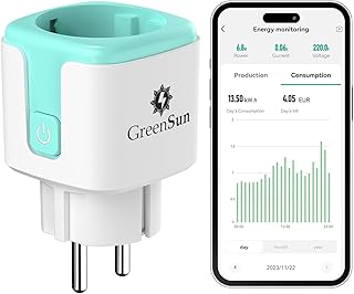 GreenSun Stromzähler für Balkonkraftwerk - WLAN Steckdose mit Einspeisezähler und Strommessung Smart Life App Zeitschaltuhr Sprachsteuerung mit Alexa und Google PV 16A 2,4 GHz