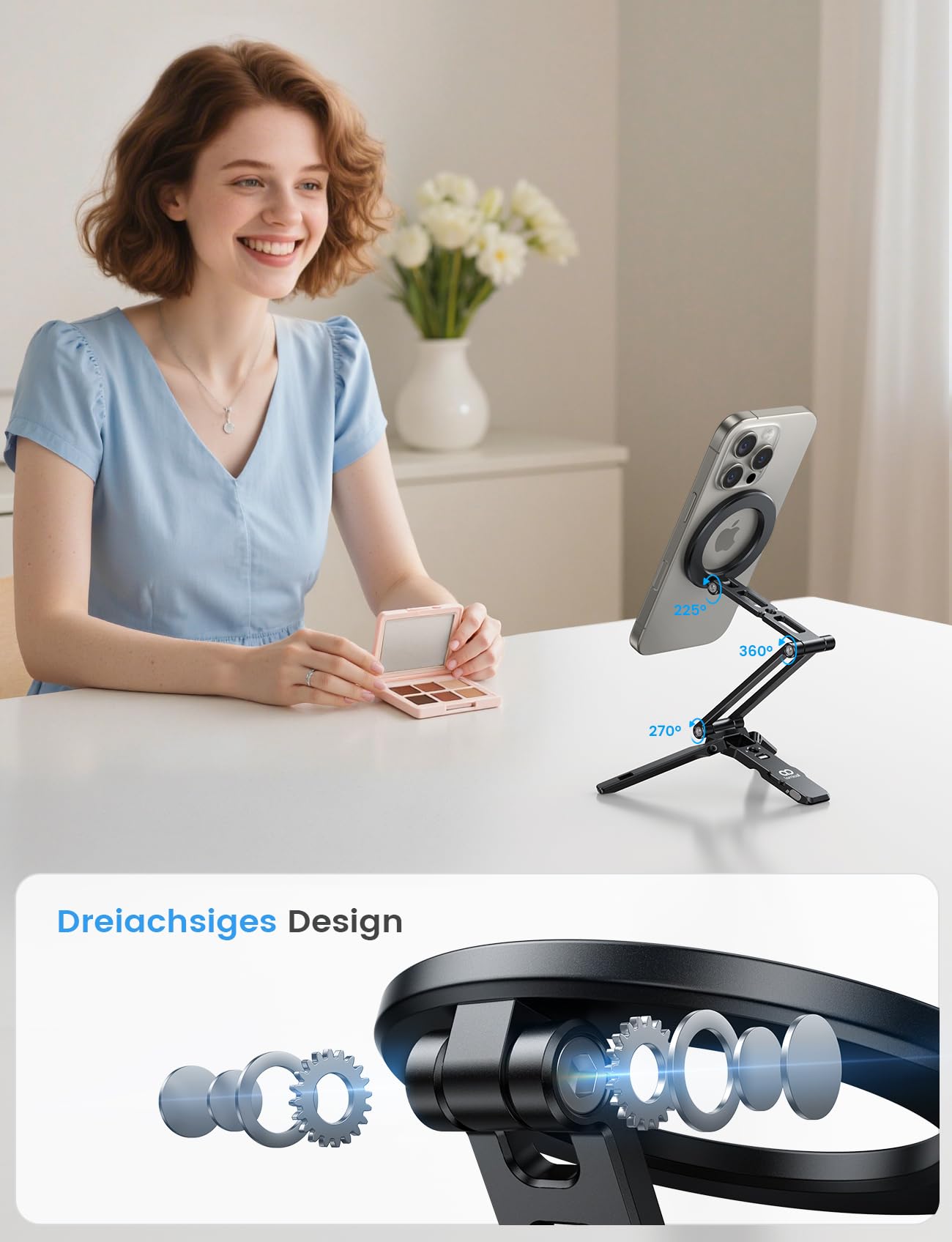 Lamicall 5-IN-1 Handy Stativ für MagSafe Handyständer - [Ultra Dünn] Faltebar Alu Mini Selfie Stick mit 1/4 Zoll Schraubenloch & Arca-Type, Magnetische Handyhalterung Adapter für iPhone 17 Pro Max Air