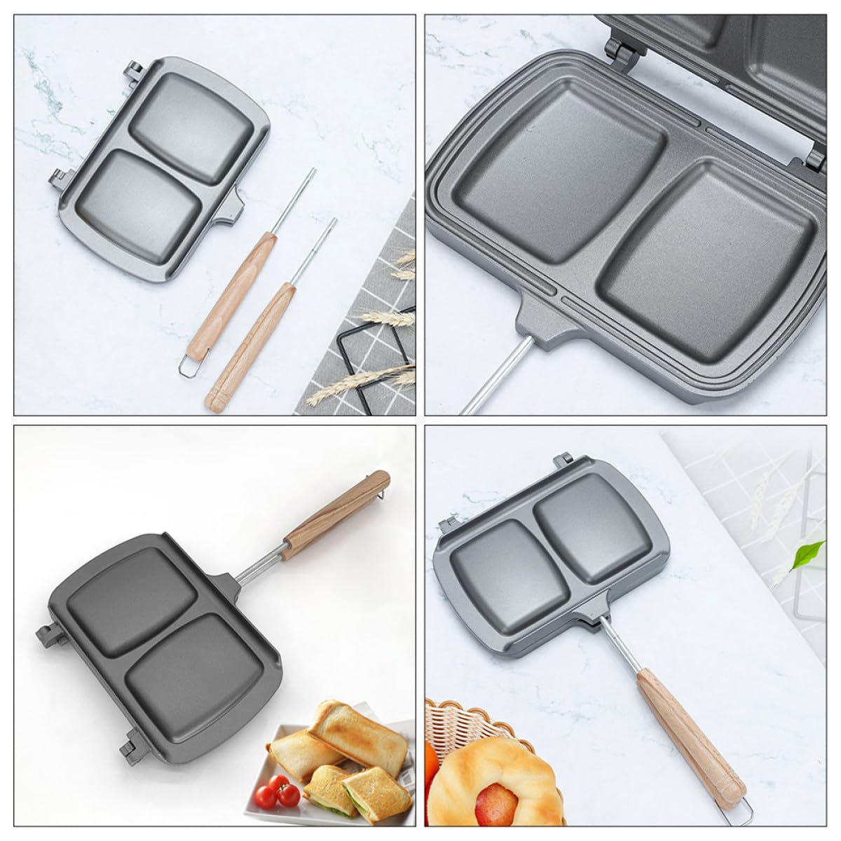 Padella Antiaderente Doppia Faccia per Panini e Pancake, Piastra la Cottura del Pane Manici Rimovibili, Macchina per Sandwich da Campeggio e Colazione Familiare