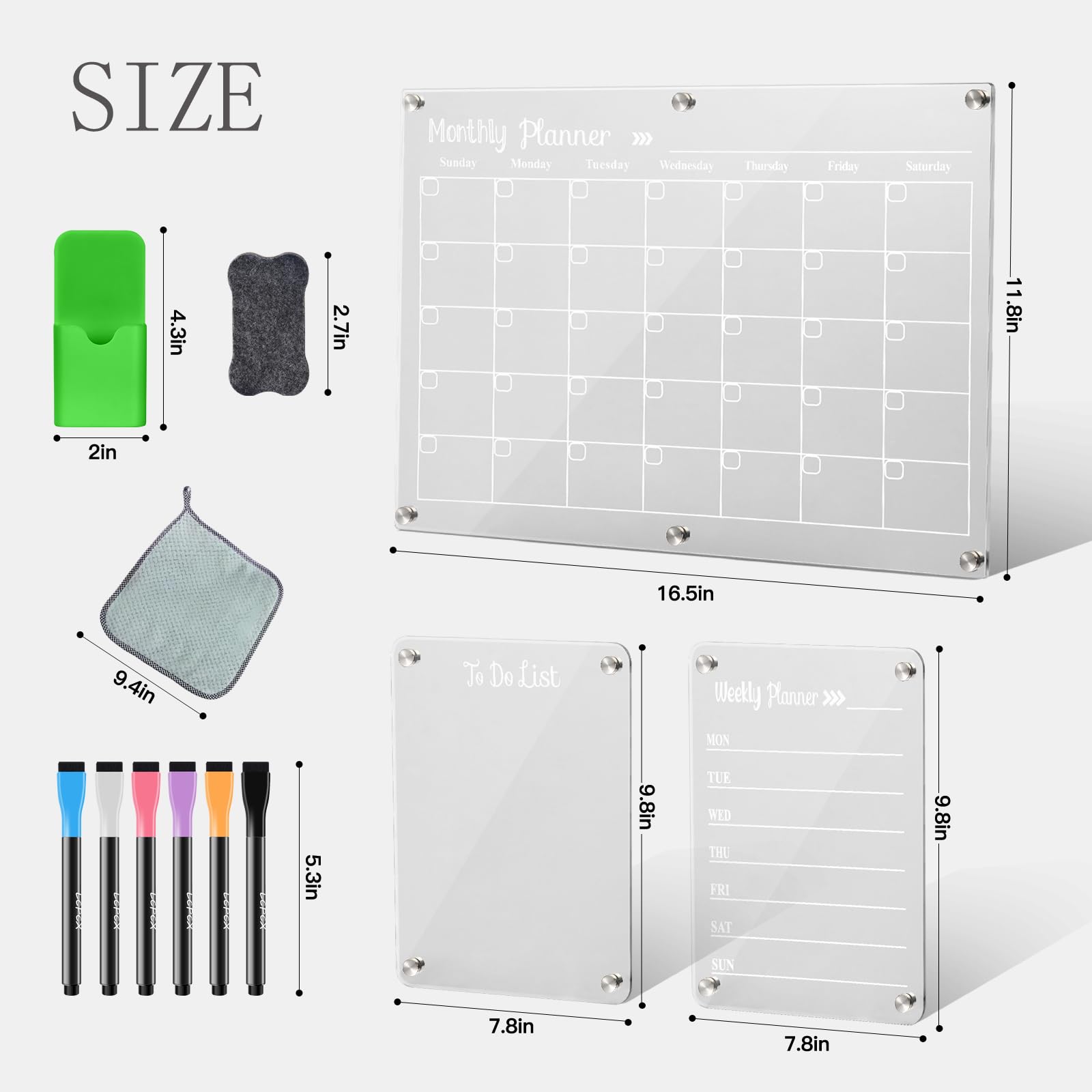 Tableau magnétique effaçable à sec en acrylique pour réfrigérateur, lot de 3 tableaux de planification mensuelle et hebdomadaire, comprend 6 marqueurs effaçables à sec, 1 gomme et un porte-stylo