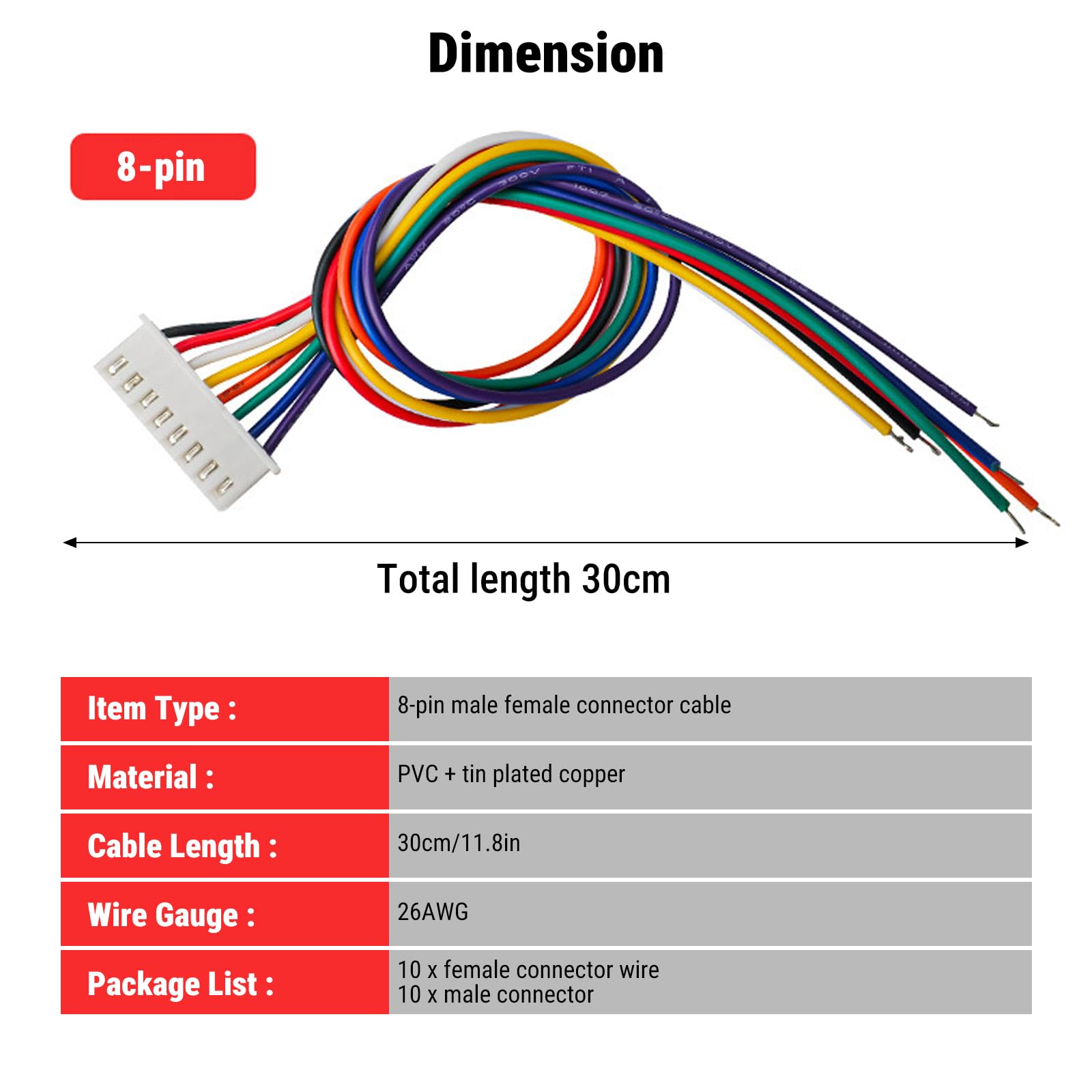 Kabel łączący, 10 Zestawów JST PH 2,0 Mm 8-pinowe Męskie Złącza żeńskie Kable Z Wtyczką 30 Cm