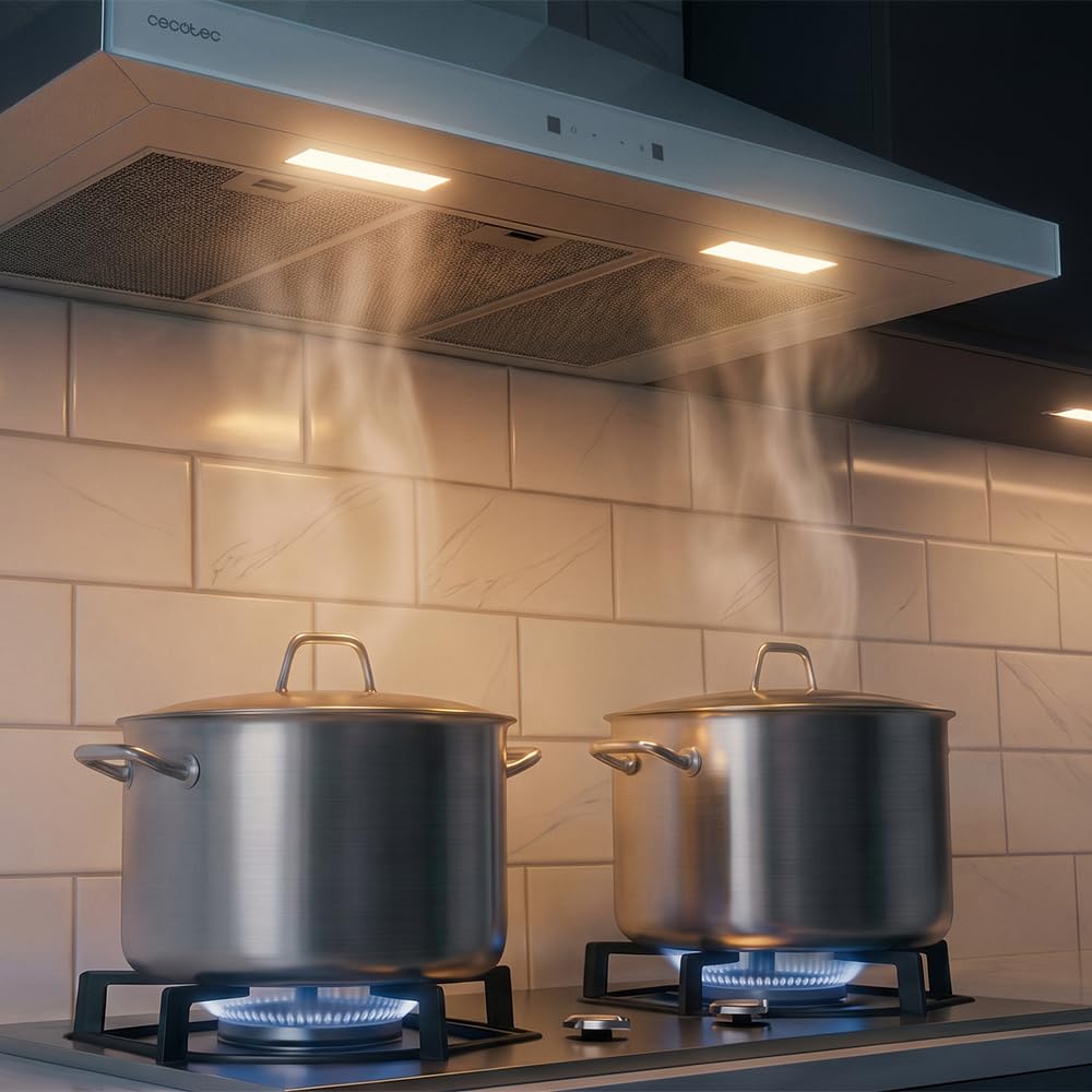 Cecotec Okap piramidalny 70 cm Bolero Flux PT 704400 Inox A+++. Przednie szkło w kolorze białym, ssanie 449,5 m³/h, niewidzialne sterowanie dotykowe, funkcja wzmacniacza, filtry zmywalne, klasa A+++