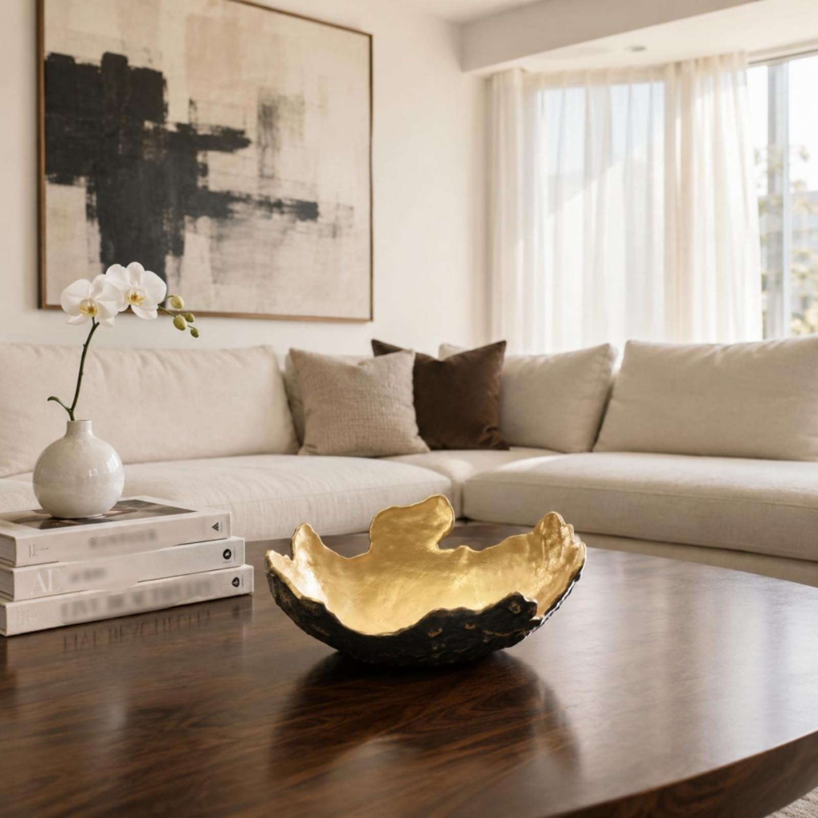 Corbeille à Fruits En Métal Intérieur Lisse Relief Texturé Aspect Luxe Décoration Maison, Noir Extérieur, Or Intérieur
