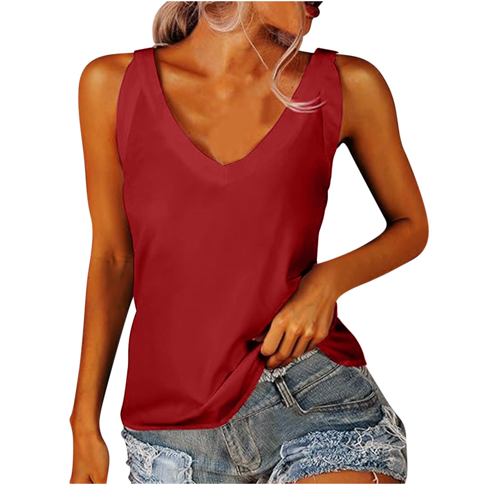 vokkrv Camisetas sin Manga Mujer Verano Moda Color sólido Casual Camisola Camisetas de Tirantes Cuello en V Elegant Originales Fiesta Playa Chaleco Tops Suelto Basic Shirt tee Camisa