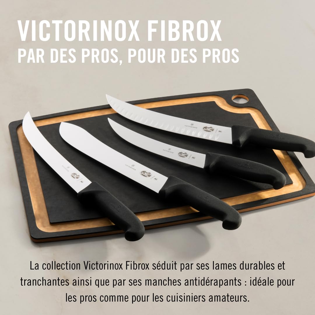 Victorinox Fibrox Couteau de boucher, Long couteau pour couper de gros morceaux de viande, 25 cm, Lame incurvée, Tranchant, Inox, Noir