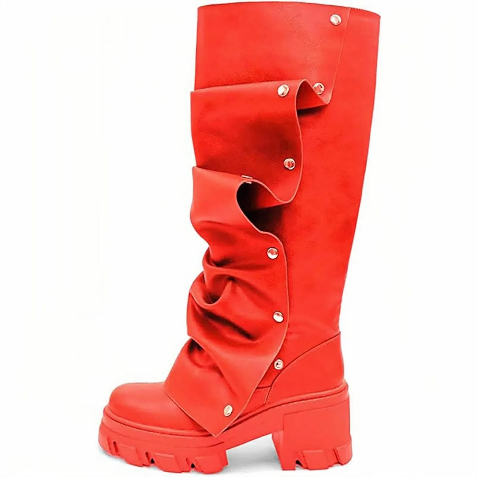 KaroNairy Women Knee High Boots Slouch Rounde Toe Long Boots Chunky Heel Tall Boot Detachable Snap-off Panel Shark Boots Red