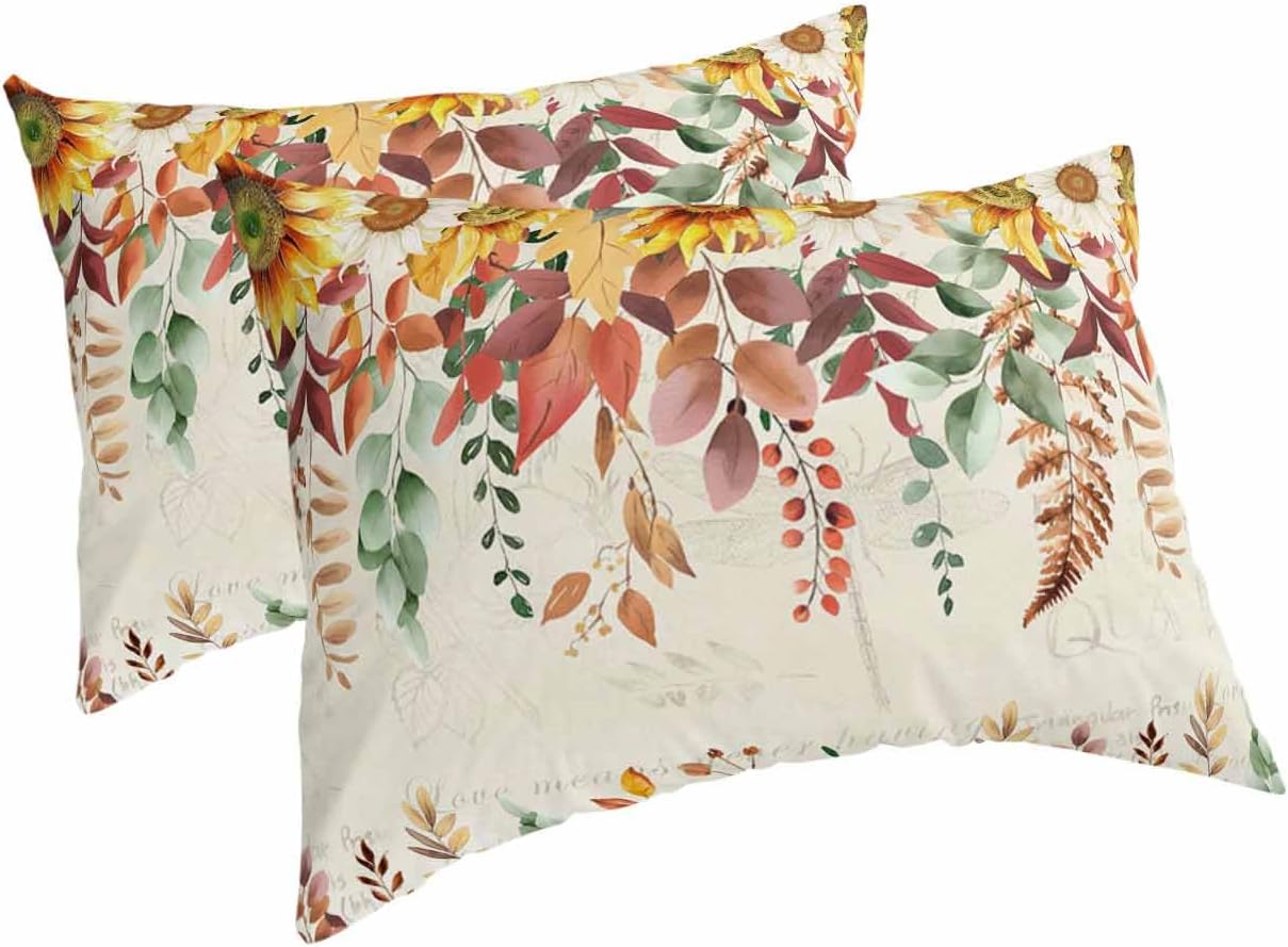 Fall Sunflower Pillow Covers Decorative Pillow Cases Standard Size Set of 2, Vintage Autumn Eucalyptus Thanksgiving Lumbar Bed Pillow Cover with Envelope Closure for Sofa Bedroom 20x26 Inch