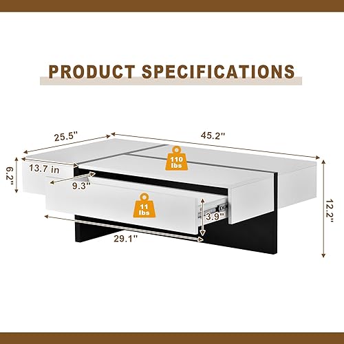 Miniatura 2 de Merax Mesa de centro rectangular contemporánea, superficie moderna de alto brillo, muebles de sala de estar, blanco y negro