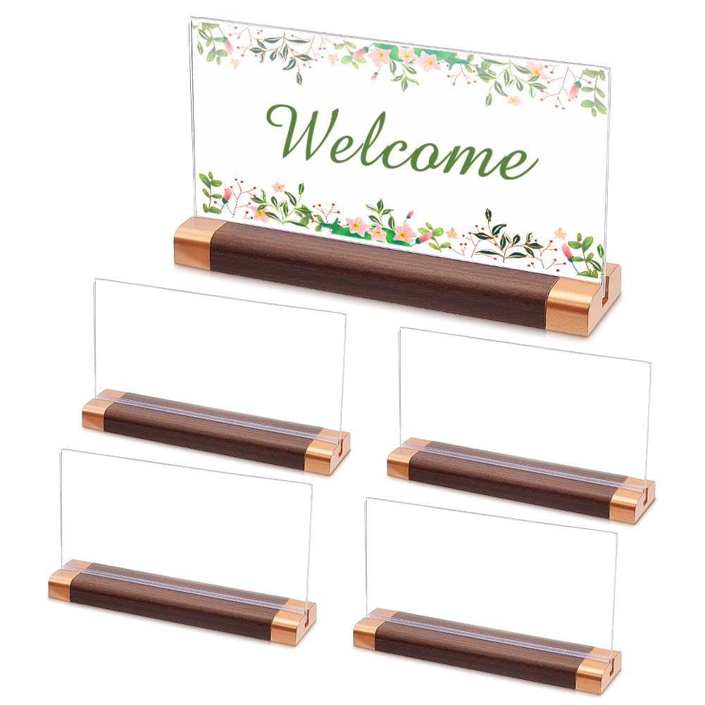 BENECREAT 5 juegos de soportes para placa de escritorio con base de madera de nogal, soporte acrílico transparente para tarjetas de lugar, restaurante, oficina, 21 x 11 cm