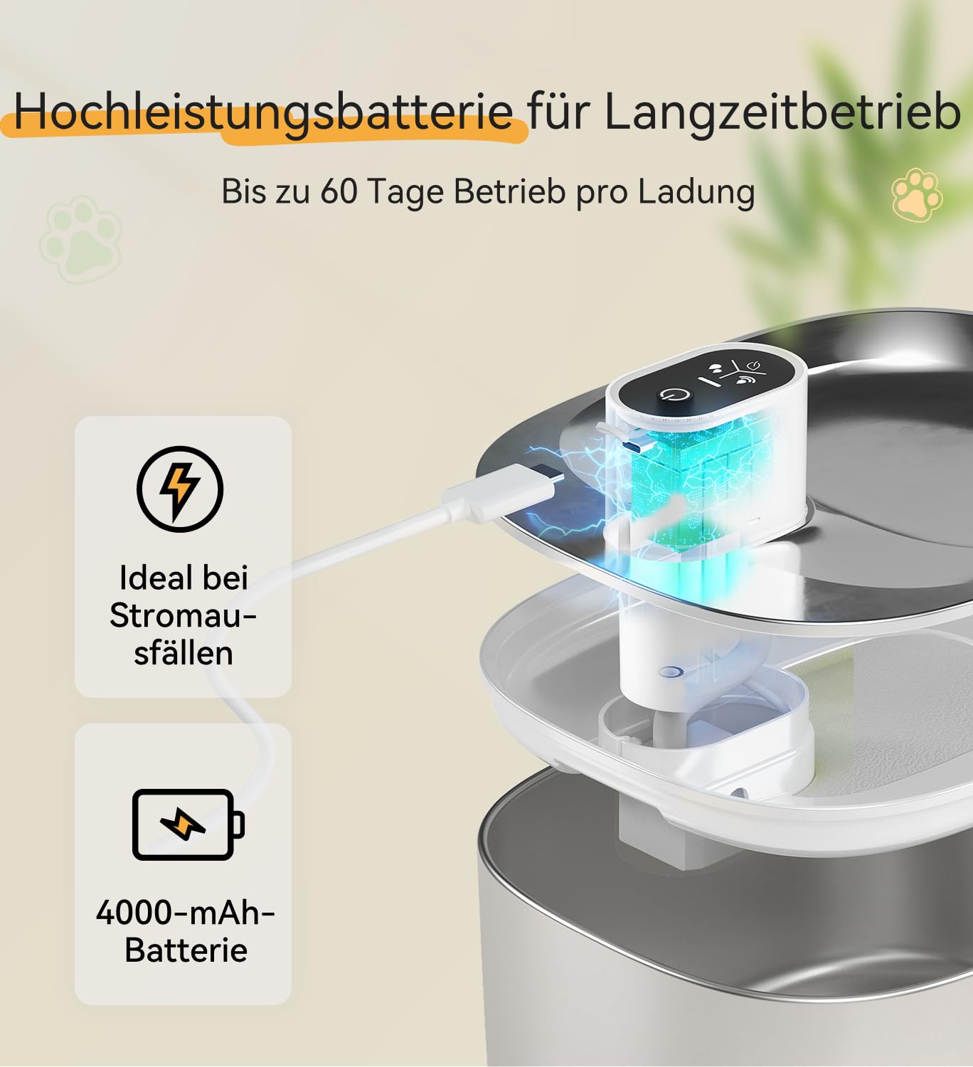 Katzenbrunnen Edelstahl Kabellos 4.1L mit Sensor 3 Modi & 4000mAh | 3 Modi (Sensor/Zeit/Dauer), leise, Filter, für Katzen & kleine Hunde mit 1 Ersatzfilte