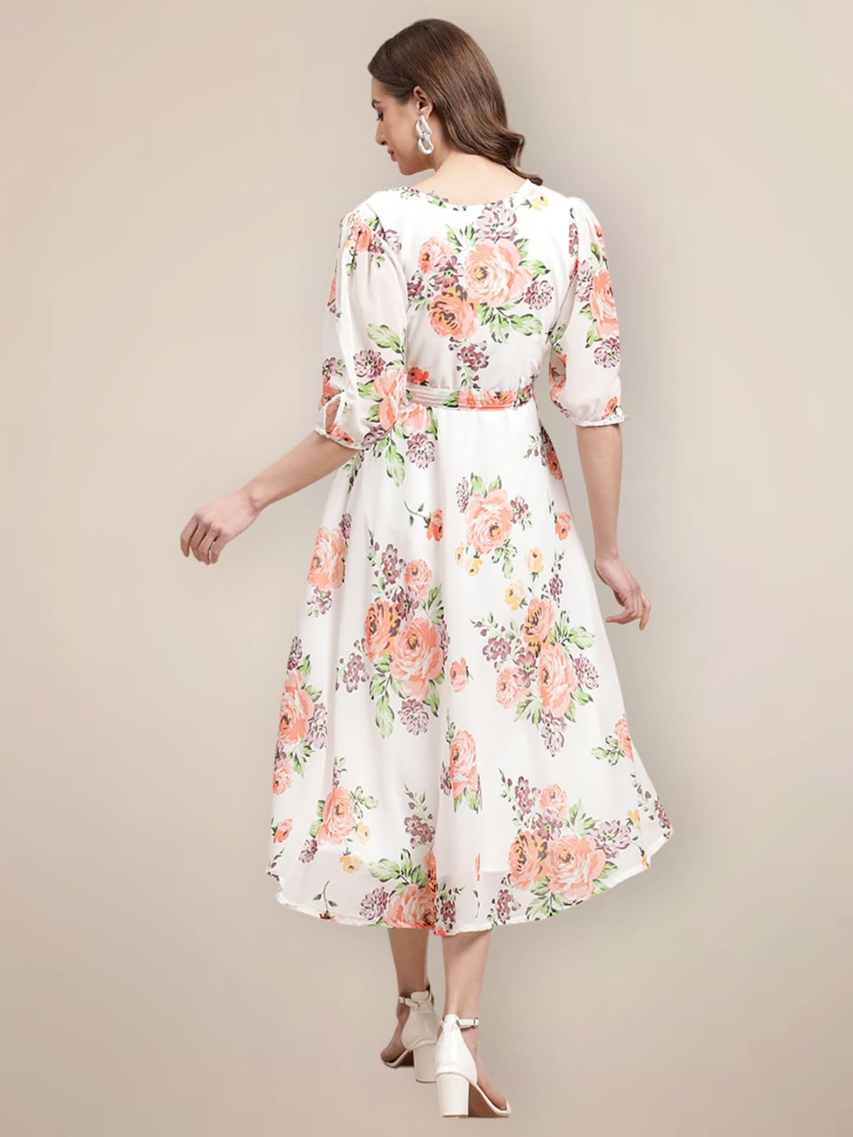 Preneum Women's Maxi Fit & Flare Latest Style Print Georgette Regular Sleeves Casual Summer Maxi Dress || Festival & Occasion, Off White, S