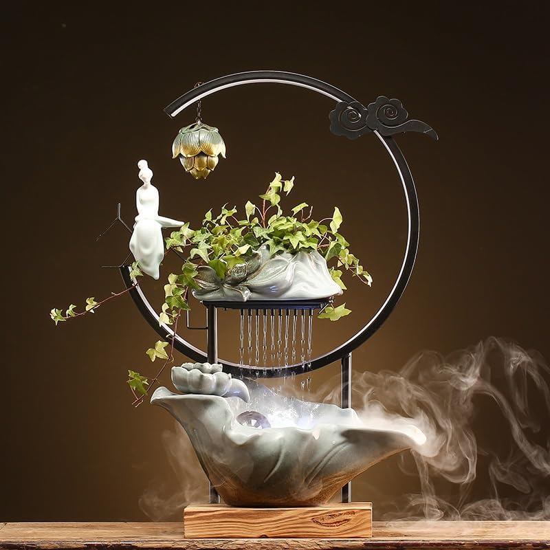 Small Indoor Fountains Tabletop Fountain Chinese Style Office Alpine Water Fountain Ornaments Living Room Fountain Landscape Humidifier Desktop Fountains for Home