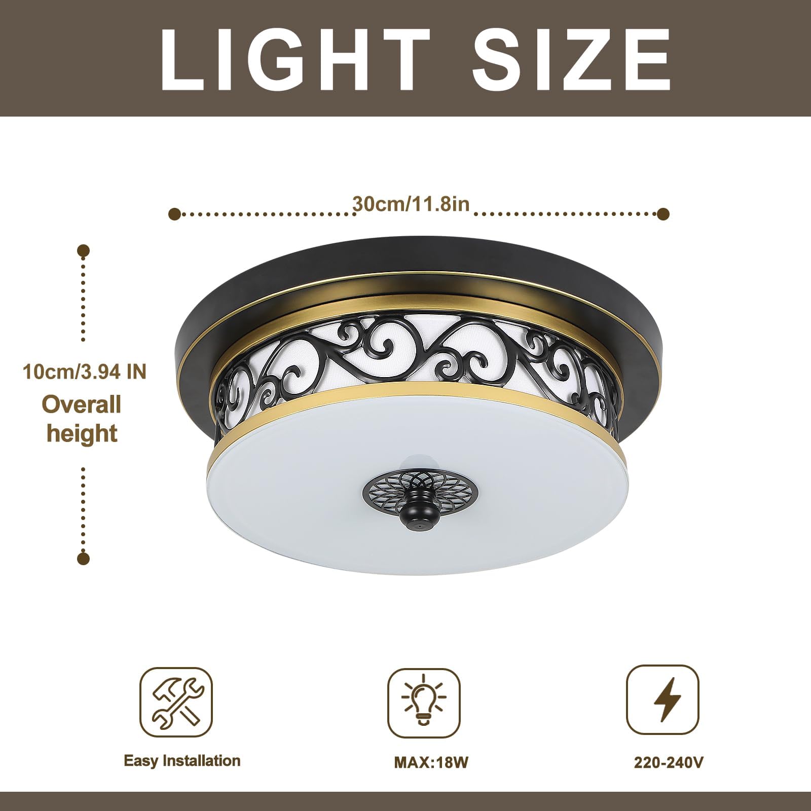 Plafoniera Soffitto Soggiorno Rotonda Vintage,Ø30*H10cm Plafoniera in Tessuto-Vetro,Nero Lampadario Soffitto Villa Piatta per Camera da Letto,Cucina e Sala da Pranzo,Luce Neutra 4500K.