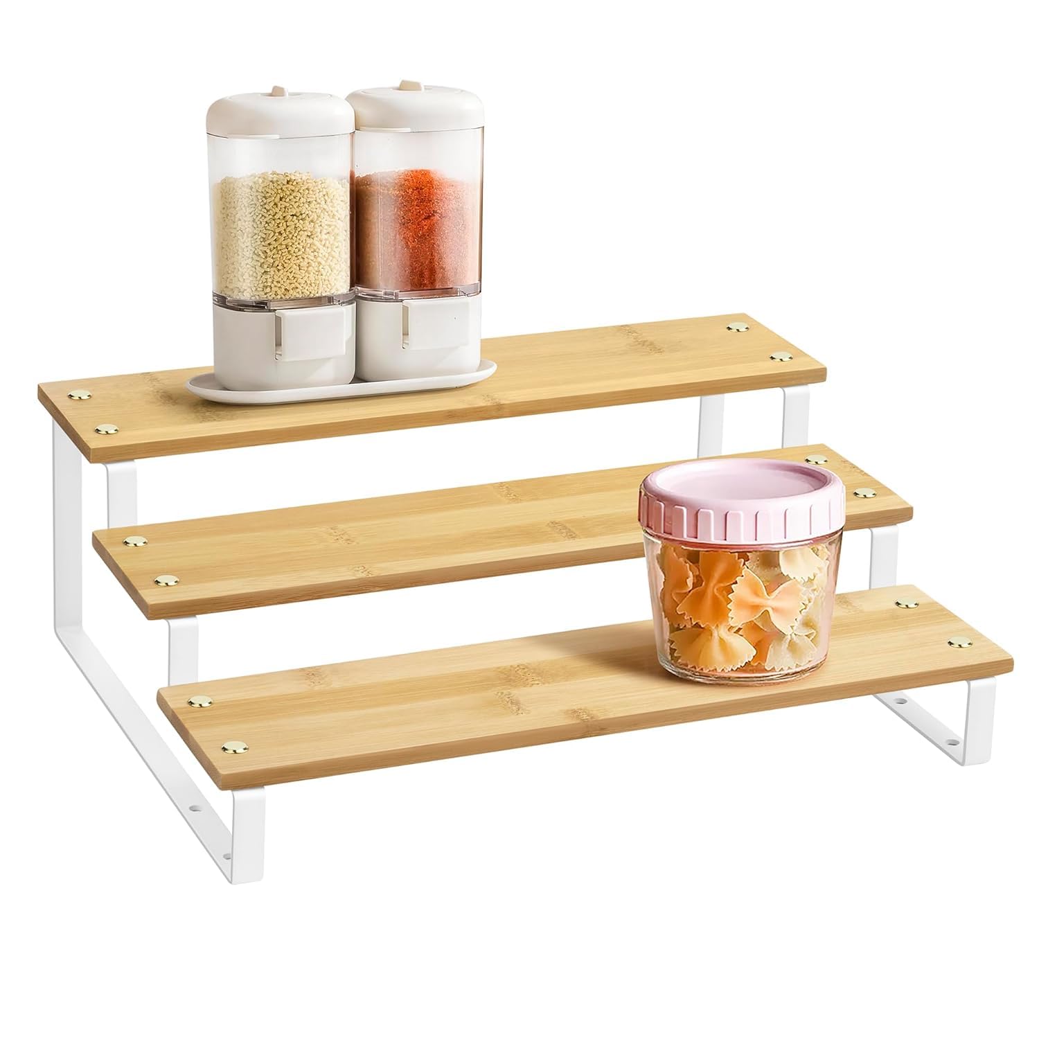 EVENTWOOD 3 Tier Wooden Spice Rack for Kitchen Countertop –Step Shelf Organizer for Spices, Jars & Condiments | Metal Frame Wood Shelf For Counter Storage - Walnut (35 x 24 x 15 cm)