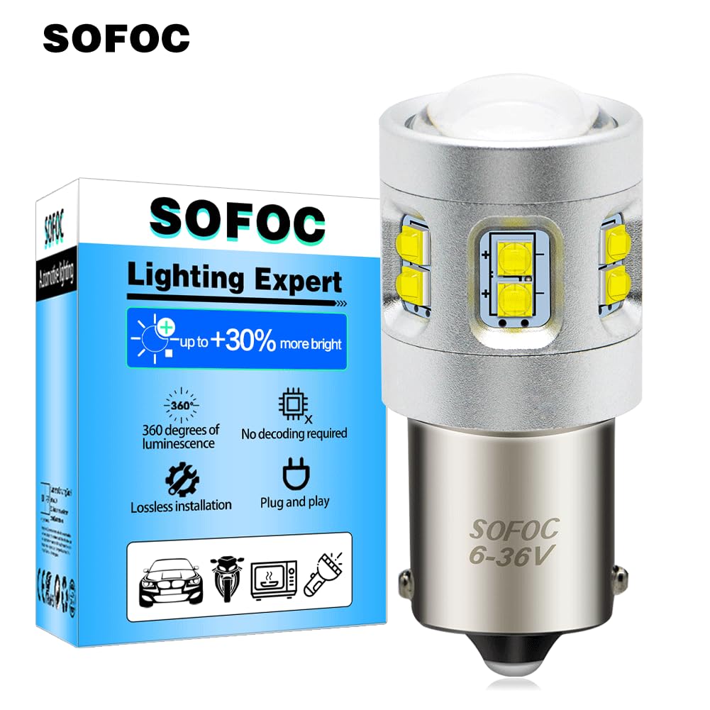 SOFOC 1156 BA15S Ampoule LED Blanc Froid Feu de Recul/DRL Avec Lentille Condenseur 6V 12V 24V Fit AC/DC 6-36V 1000LM 400% Plus Lumineux que Halogène P21W 15SMD 2Pcs