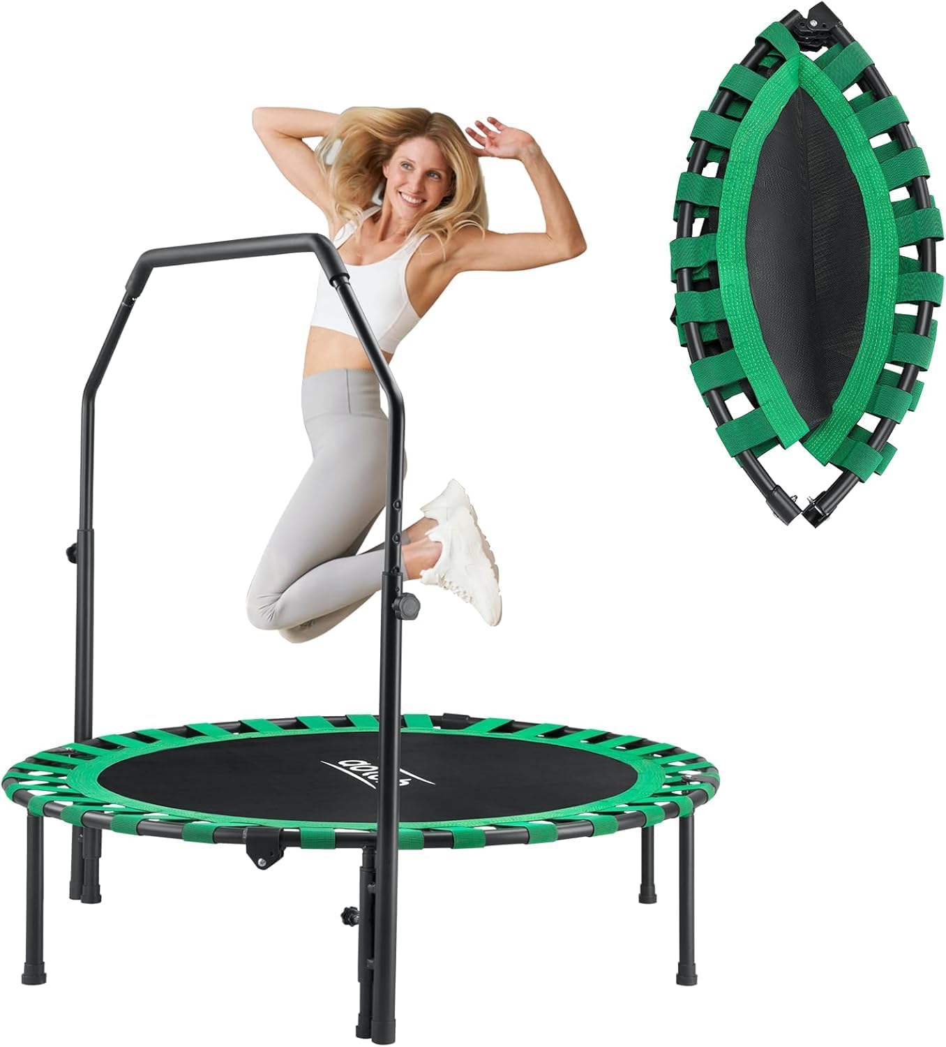 AOTOB 40/48" Fitness Trampoline for Adult, Max Load 450 LBS, Foldable Mini Trampoline with Durable Bungees,Small Rebounder Exercise Trampoline with Bar for Workout for Quiet & Safely Cushioned Bounce 48 inch Green