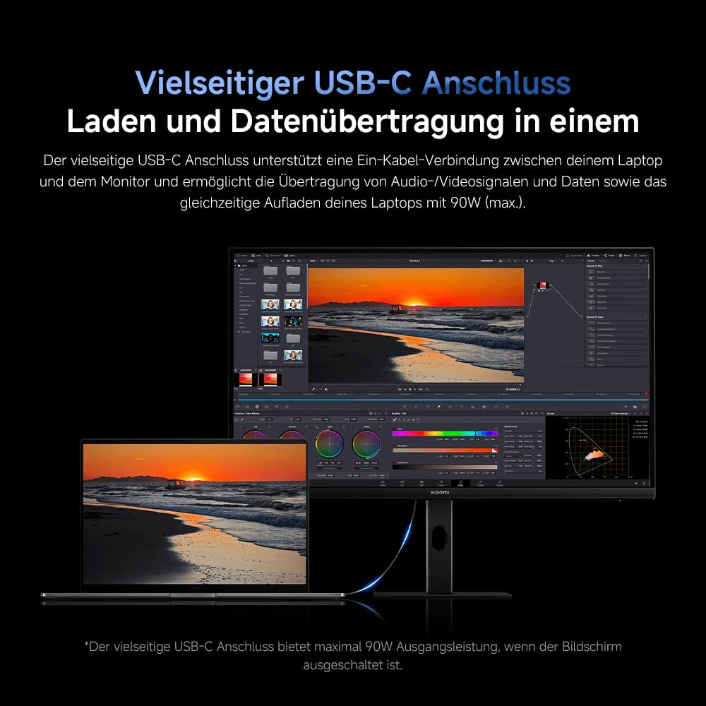 XIAOMI 4K Monitor A27Ui – 27 Zoll UHD IPS Display, 3840x2160, 100% sRGB, Delta E<1, USB-C 90W, höhenverstellbar, Low Blue Light | IPS,HDR10,95% DCI-P3,ΔE < 1,90 W Rückwärtsladen, TÜV-Zertifizierung für geringe Blaulichtemission(HDMI 2.0/DP 1.4/Type-C 90W)