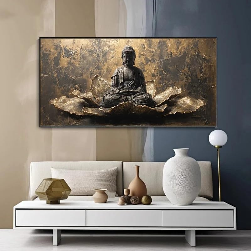 Cuadro de Buda abstracto con flor de loto para pared lienzo minimalista salon 30x60cm sin marco