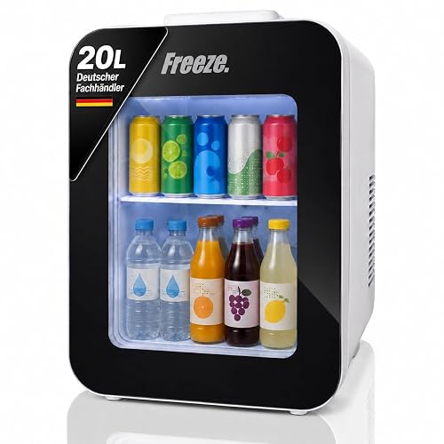 FREEZE. twentyBW Mini-Kühlschrank 20L, thermoelektrische Kühlbox mit Kühl- & Warmhaltefunktion, 12V DC/220-240V AC, Sichtfenster, Tragegriff, Ablage, weiß/schwarz, für Auto, Büro, Camping