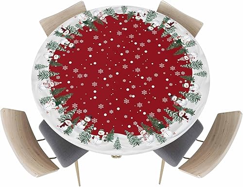 Miniatura 2 de Mantel redondo ajustable de Navidad para mesa redonda, mantel rojo floral de Navidad, mantel impermeable con borde elástico, mantel circular rojo de