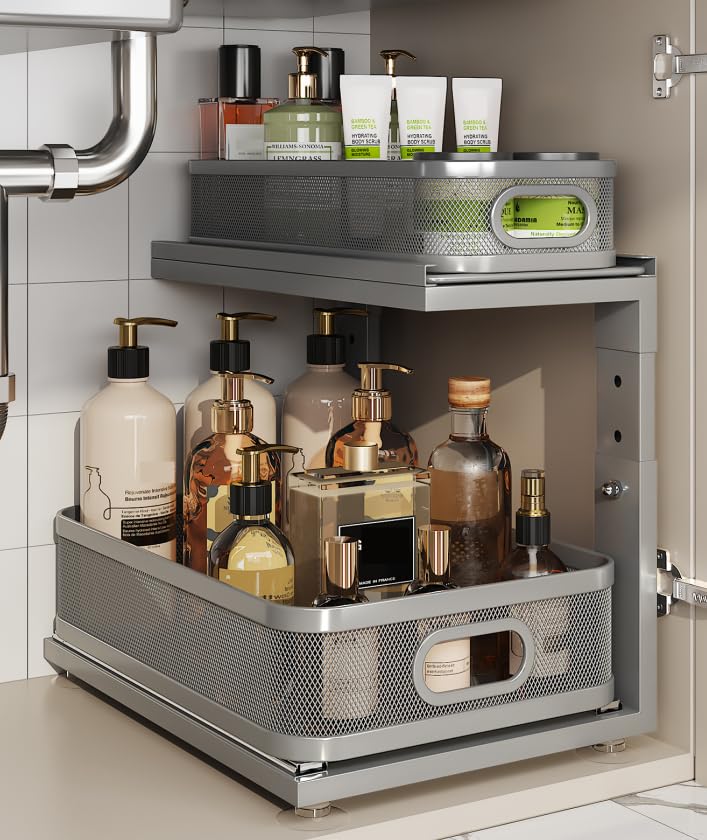Image of 1 Pack Under Sink Organizer With Next-Gen Ball-Bearing Slides,2-Tier Precision Mesh Pull Out Cabinet Storage for Bathroom&Kitchen,Height Adjustable Drawers Shelf,Anti-rust-Grey