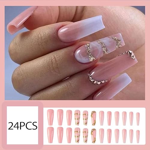Miniatura 4 de Uñas postizas largas a presión, uñas postizas con pegamento, uñas postizas rosas con diseños de diamantes de imitación de lámina dorada, uñas