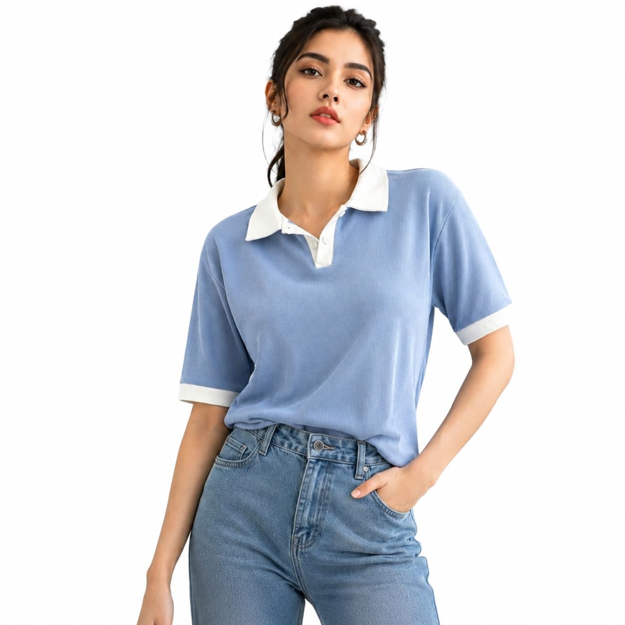black buddy Women's Ribbed Polo T-Shirt, Short Sleeve, Contrast Collar and Cuffs, Casual Woman Top-picture-27