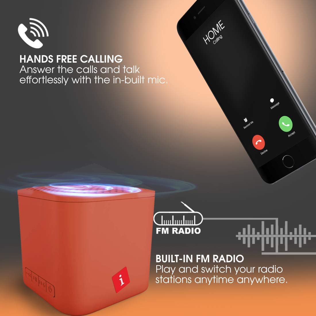 Smartphone screen showing an incoming call with the iBall Musi Play A1 speaker nearby, illustrating hands-free calling