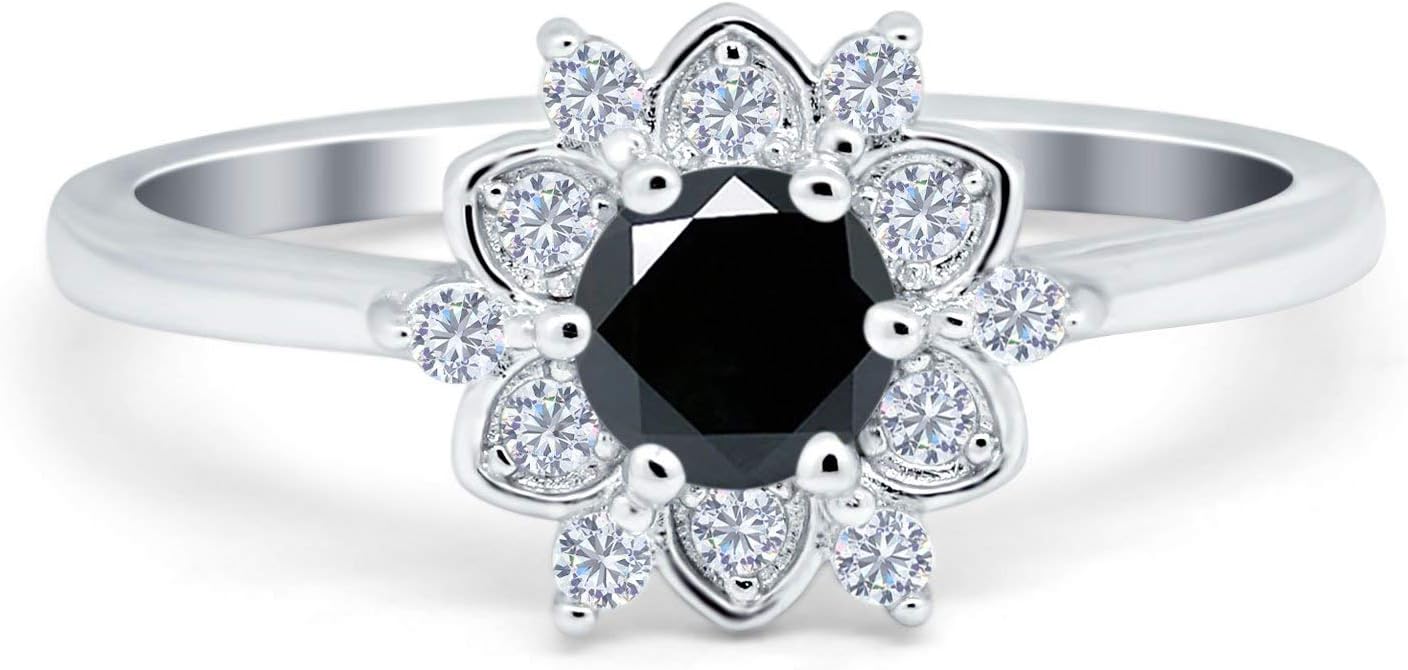 Blue Apple Co. Halo Floral Art Deco Wedding Engagement Ring Round Simulated Cubic Zirconia 925 Sterling Silver