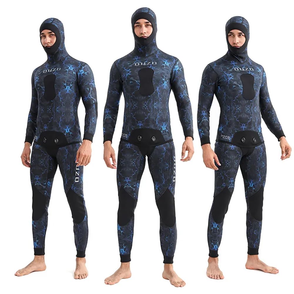 Neoprenanzug mit Kapuze, 5 mm, 2-teilig, Camouflage, Jagd, Tauchanzug, mit Brustpolster für kühles Wasser, Freitauchen, Schnorcheln, Schwimmen