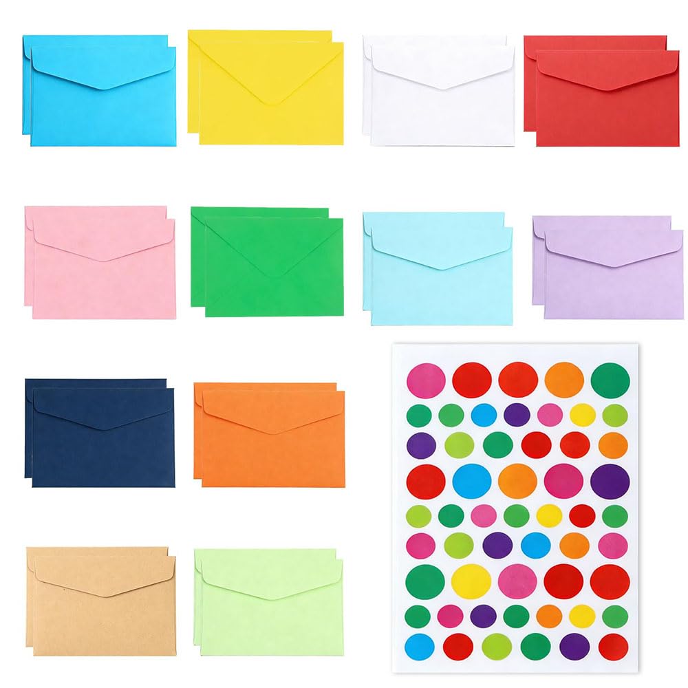 Mini Colored Envelopes, 24 Pcs Small Envelopes with DIY Stickers for Christmas, Wedding, Birthday, Party Supplies, (10.2 x 7cm)