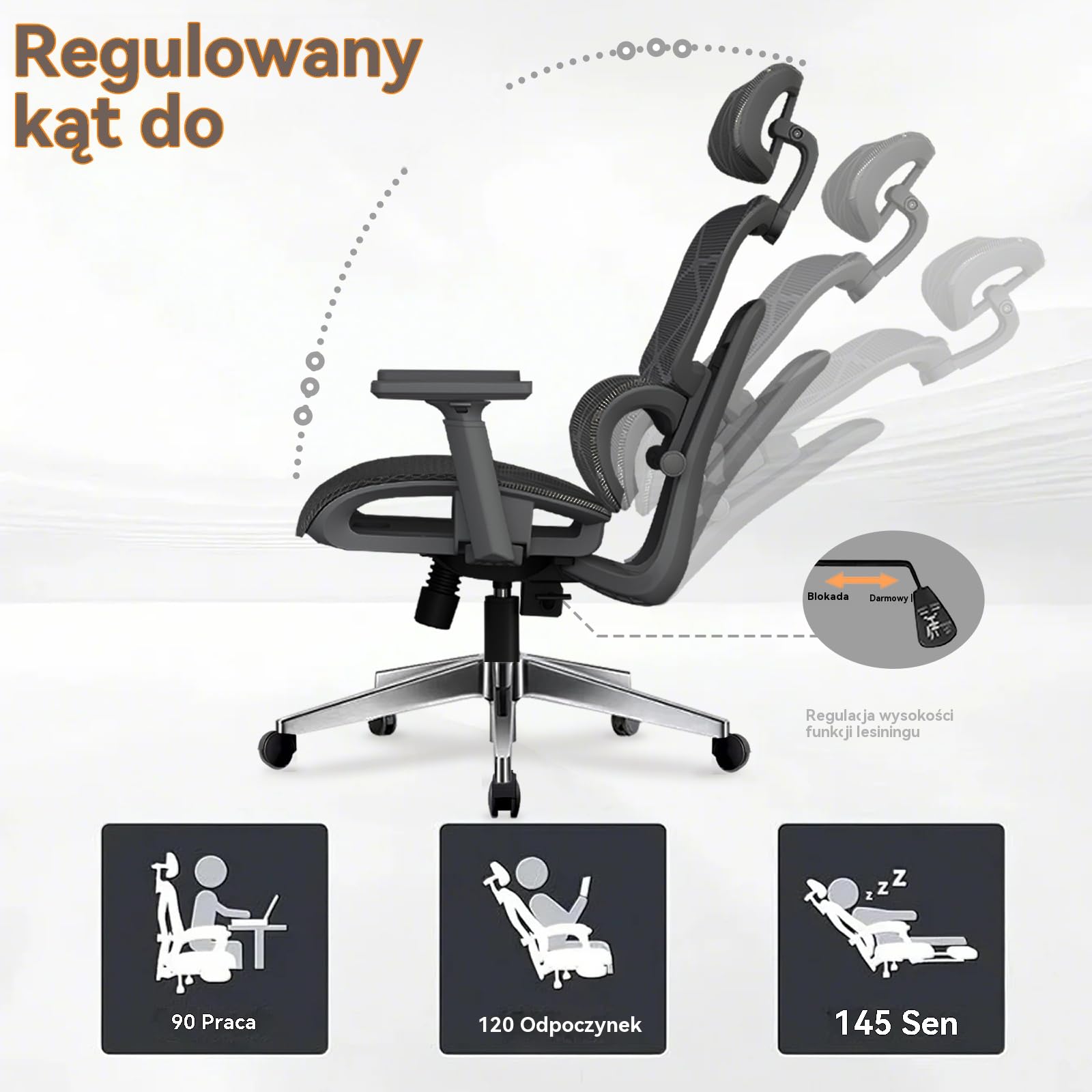 Ergonomiczne Krzesło Biurkowe,Wysokie Siatkowe Krzesło z wsparciem lędźwiowym 3-biegowym,podłokietnikami 3D,regulowanym zagłówkiem,obrotowe z funkcją nachylenia(Czarny)