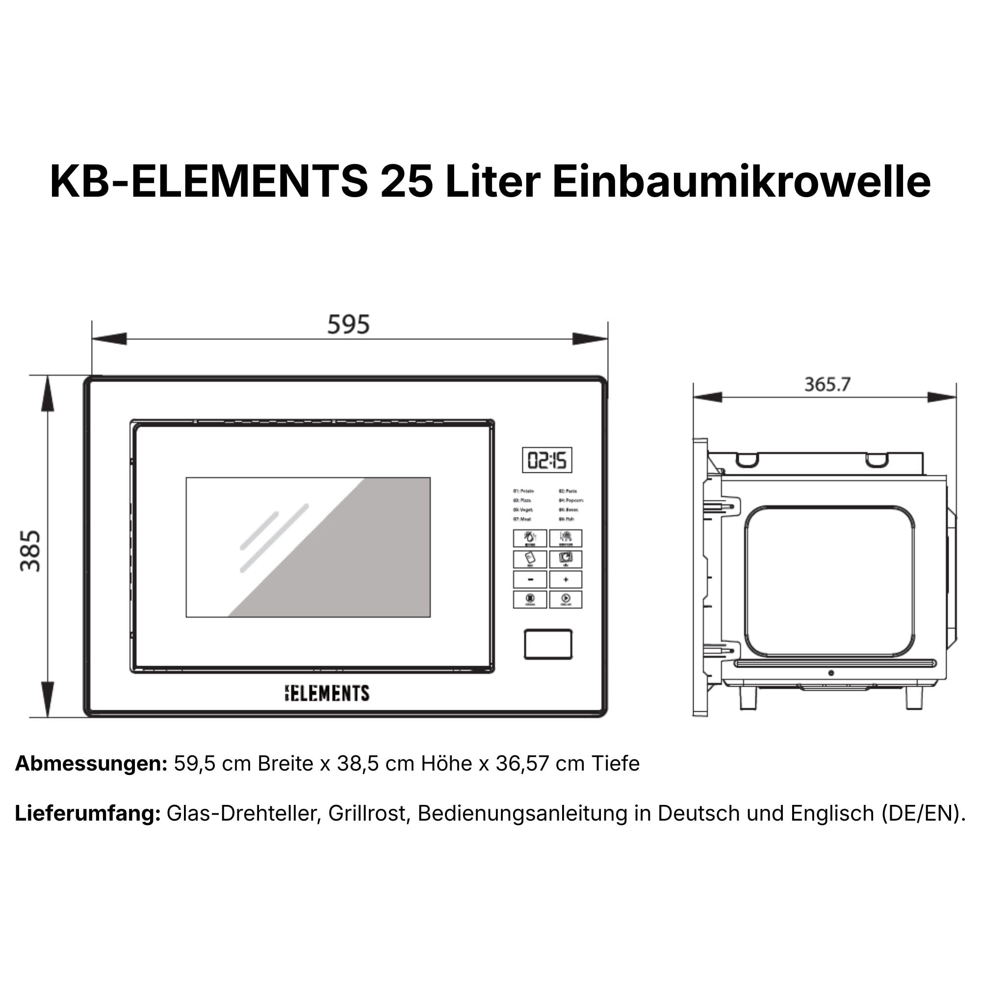 Einbaumikrowelle 60 cm | Einbau Mikrowelle 25 Liter | Full Touch | 1200W Grill | Glasrahmen | Edelstahl | inkl. Grillrost und Drehteller