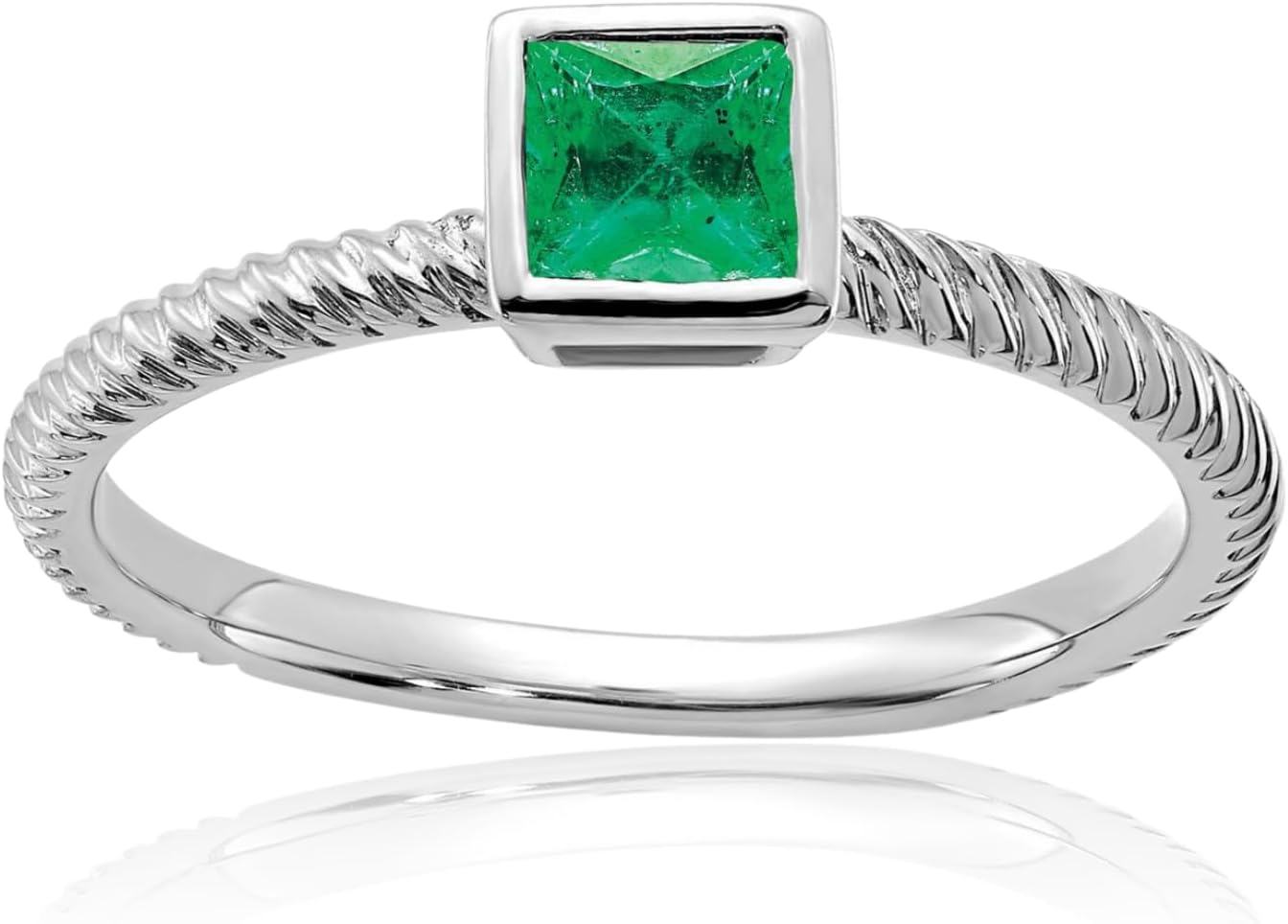 IceCarats 14K Solid White Gold 0.27 carat Green Emerald Square Stackable Solitaire Ring 1.6mm Slim Band Princess Cut, Natural, Prong Set