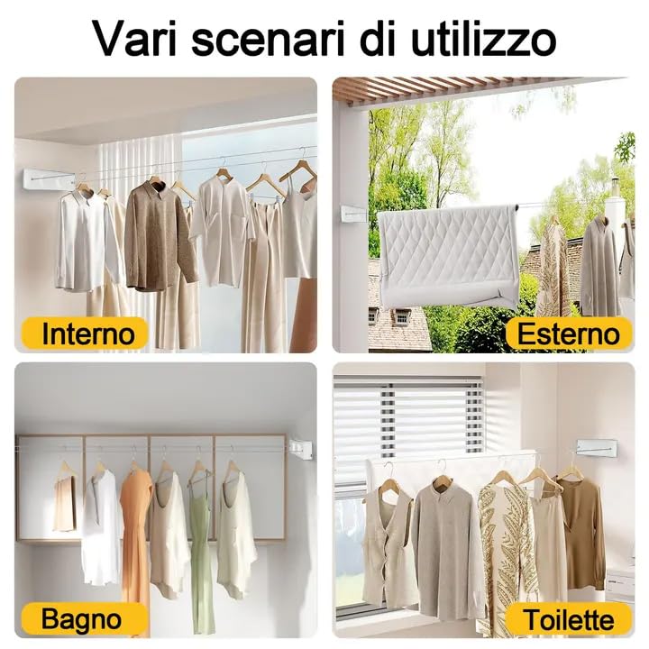 Stendibiancheria invisibile/filo di acciaio inossidabile retrattile doppia corda di asciugatura/con corda in acciaio 4,2 m/4,2 m regolabile corda appendiabiti (bianco