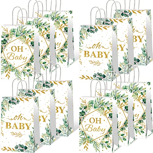 12pcs Oh Baby Party Favors Bags Sage Green Candy Treat Bags Eucalyptus Leaf (4.7×3.1×7.9 inches) Gold Foil Greenery Goodie Bag for Sage Boho Woodland Neutral Baby Shower Party Decorations Supplies