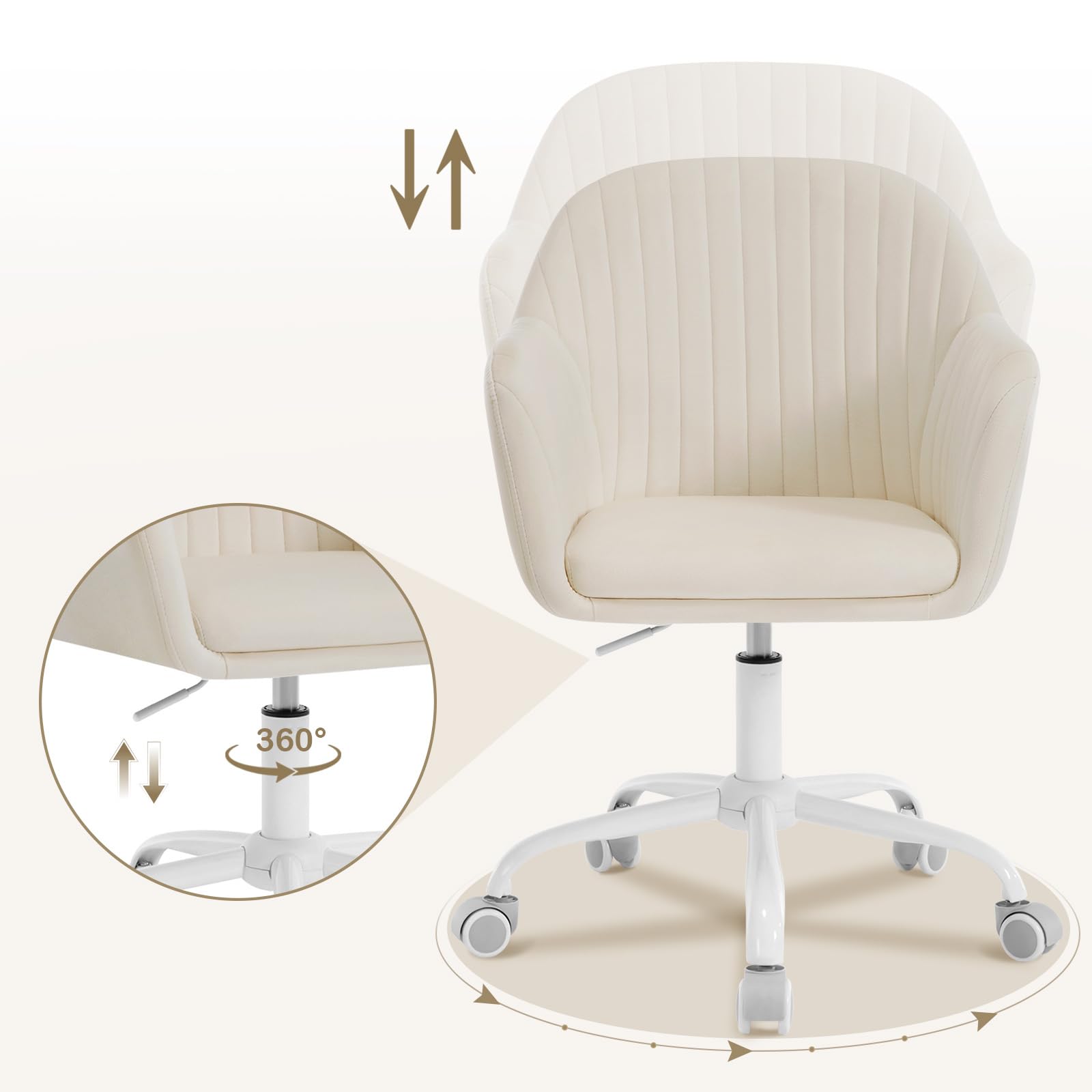 WOLTU Schreibtischstuhl, Bürostuhl ergonomisch, Homeoffice Stuhl höhenverstellbar, Schminkstuhl mit Armlehnen, Drehstuhl mit Rollen, Samt Stuhl Metallrahmen, 150 kg belastbar, Beige