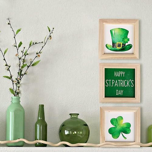 Miniatura 7 de Decoración de pared del día de San Patricio marco de madera 3 piezas sombrero de duende trébol de la suerte tarjeta impresa de madera decoración del