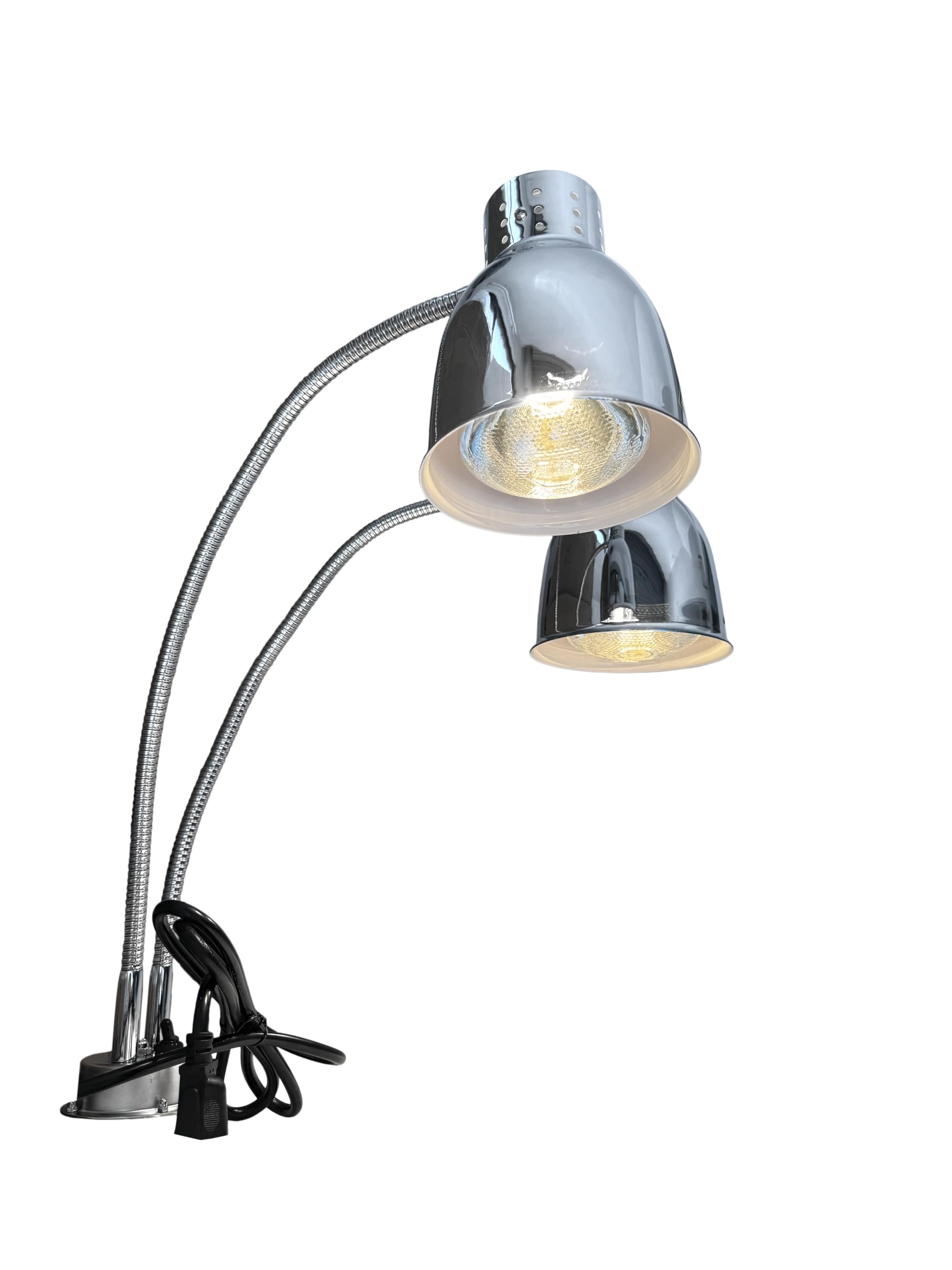 KOUWO Dual Bulbs Food Heat Lamp Adjustable Food Light Warmer 500 Watts Heating Lamps for Hot Food Countertop Chrome (Double Arm with Clamp)