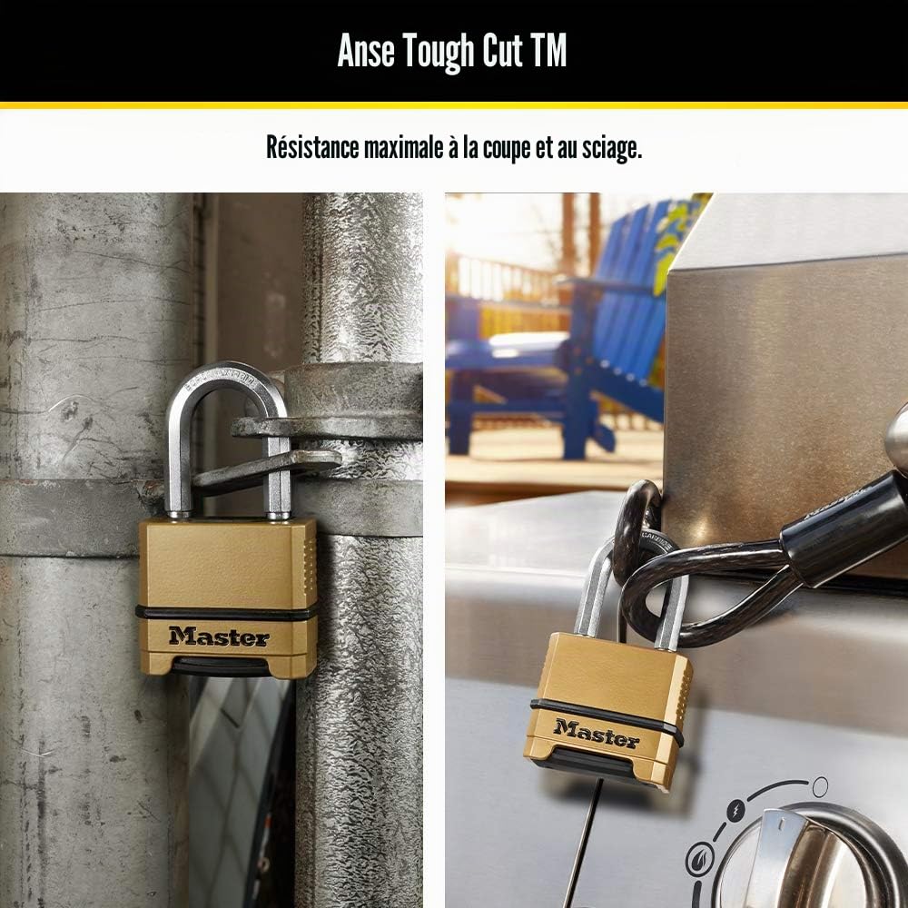 Master Lock, M175LFEC2 Lot de 2 cadenas robustes et résistants aux intempéries, serrure à combinaison réinitialisable pour extérieur, doré, 3 x 5,1 x 9,8 cm