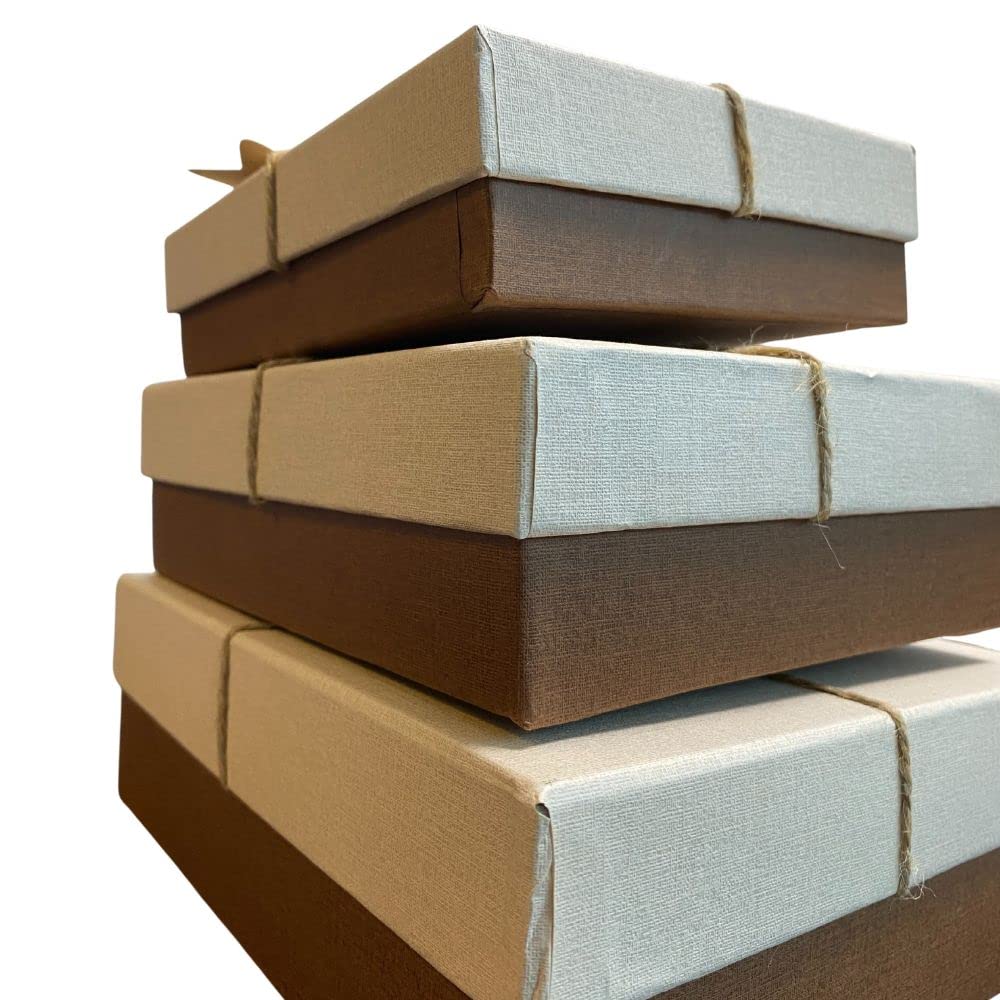 Set of 3 Rigid Luxury Brown Gift Box with Beige Top Lid, Brown, With Lid