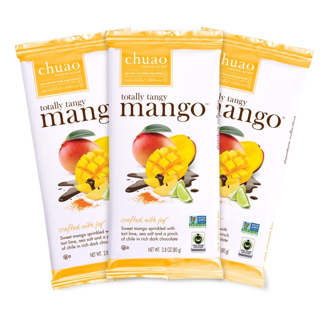 Chuao Chocolatier Totally Tangy Mango Chocolate Bars | Gourmet Artisan European No Preservatives | For Gift Baskets, Christmas, Gifts for Women, Men, Birthday, Care Package | 3 Pack