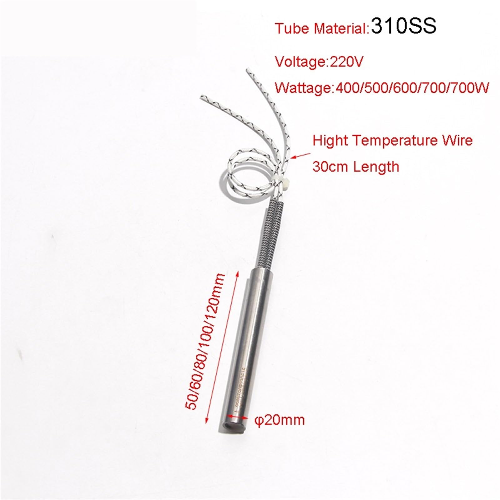 Cartucho tubular de 20 x 50-120 mm, elemento calefactor de 110 V/220 V, 200-500 W, 310SS, varilla de calor de inducción para máquina de moldeo, 5 unidades por lote (380 V, 20 x 50 mm, 400 W)